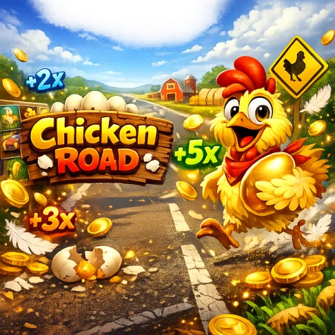 Colorful promotional image featuring a cartoon chicken on a road, with eggs, coins, and playful energy, inspired by Chicken R