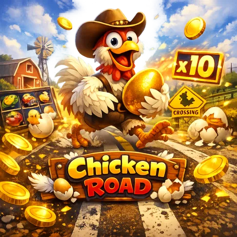 Dynamic promo image of Chicken Road slot featuring a funny chicken, road lanes, and playful casino elements