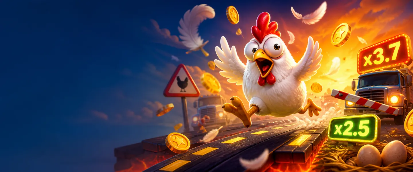 Bright and dynamic promotional banner for Chicken Road slot game featuring playful chicken, road lanes, feathers, and coins.